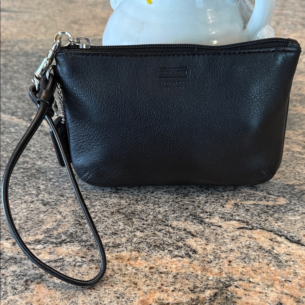 Coach Black Leather Wristlet with Silver Accents
